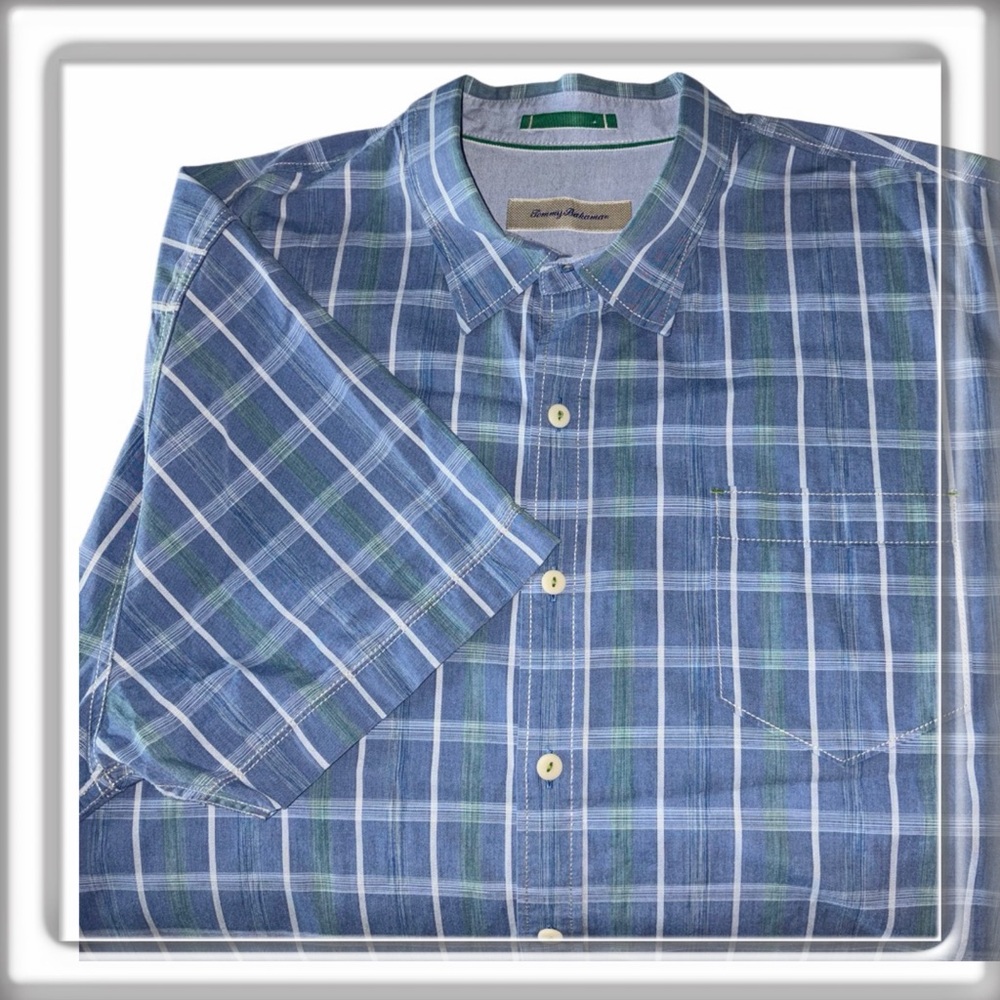 Tommy Bahama Men’s Button Up Short Sleeve Shirt Blue Plaid Cotton Size 3XL